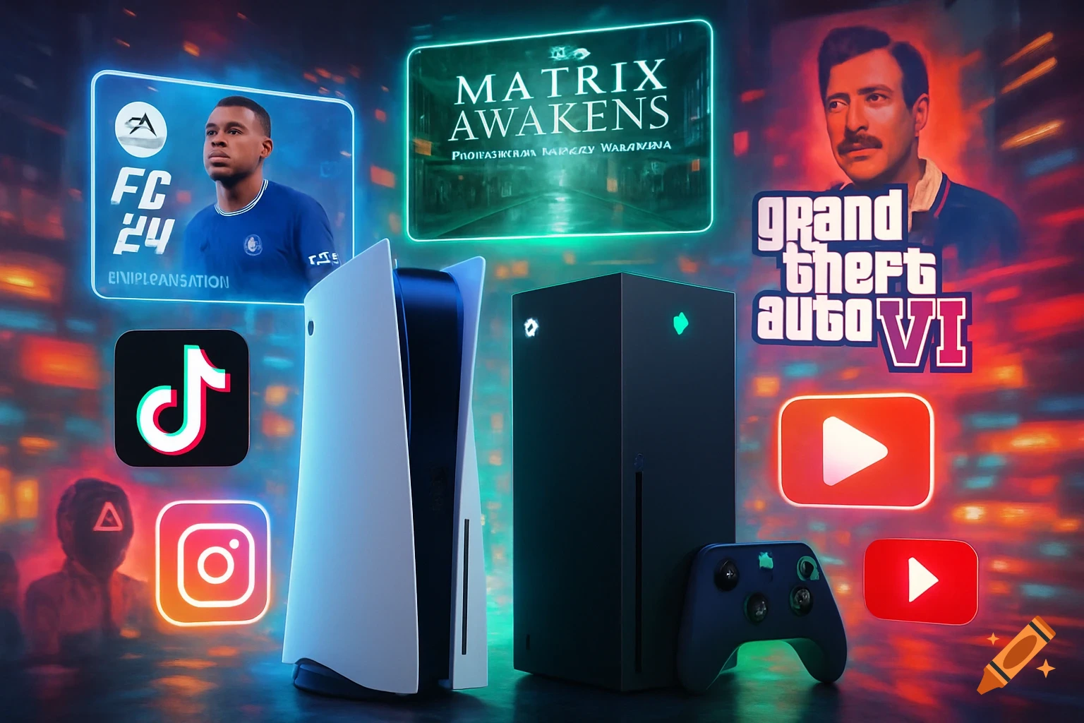 A vibrant display of a white PlayStation 5 and a black Xbox Series X console with a controller, surrounded by neon-outlined screens and logos for video games like FC 24, Grand Theft Auto VI, The Matrix Awakens, and social media apps like TikTok, Instagram, and YouTube.