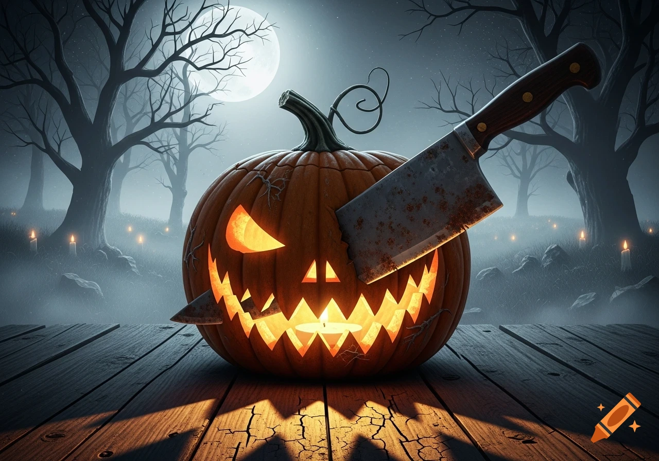 A glowing jack-o'-lantern with a butcher knife stuck through it, sitting on wooden planks in a foggy forest under a full moon.