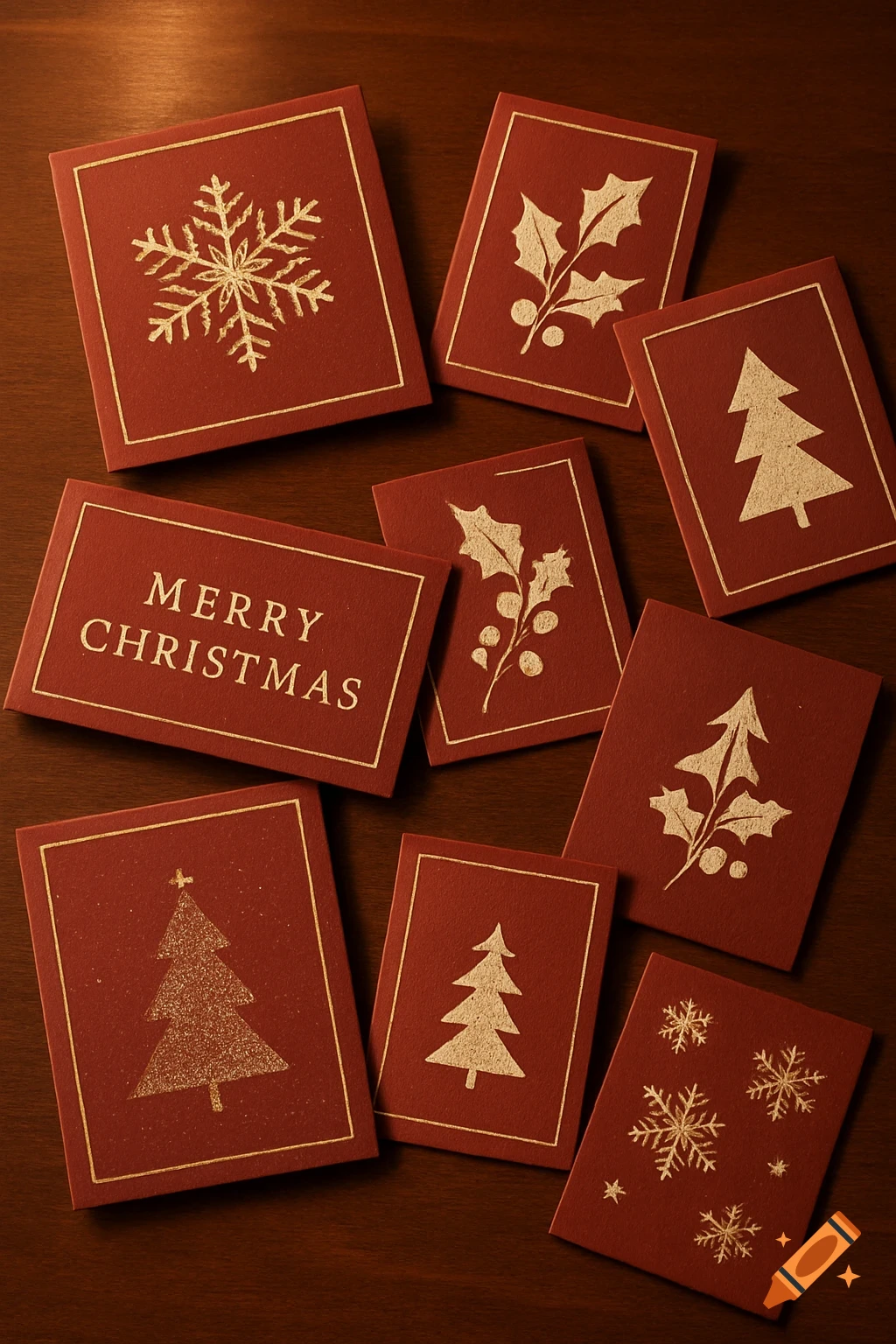 Overhead view of several red Christmas cards with gold snowflake, holly, and Christmas tree designs, one reading "MERRY CHRISTMAS".