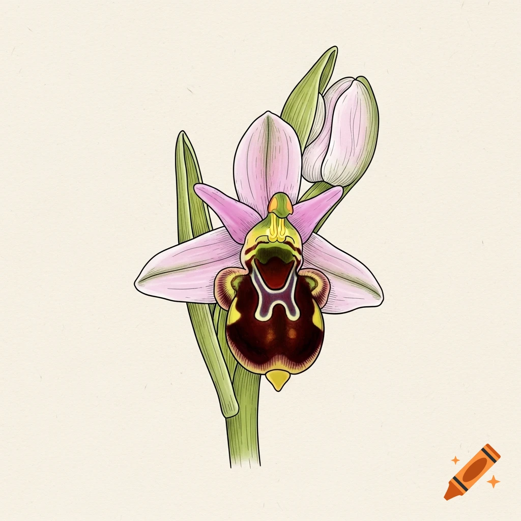 A detailed botanical illustration of a pink and dark red Ophrys apifera orchid with green leaves on a light cream background.