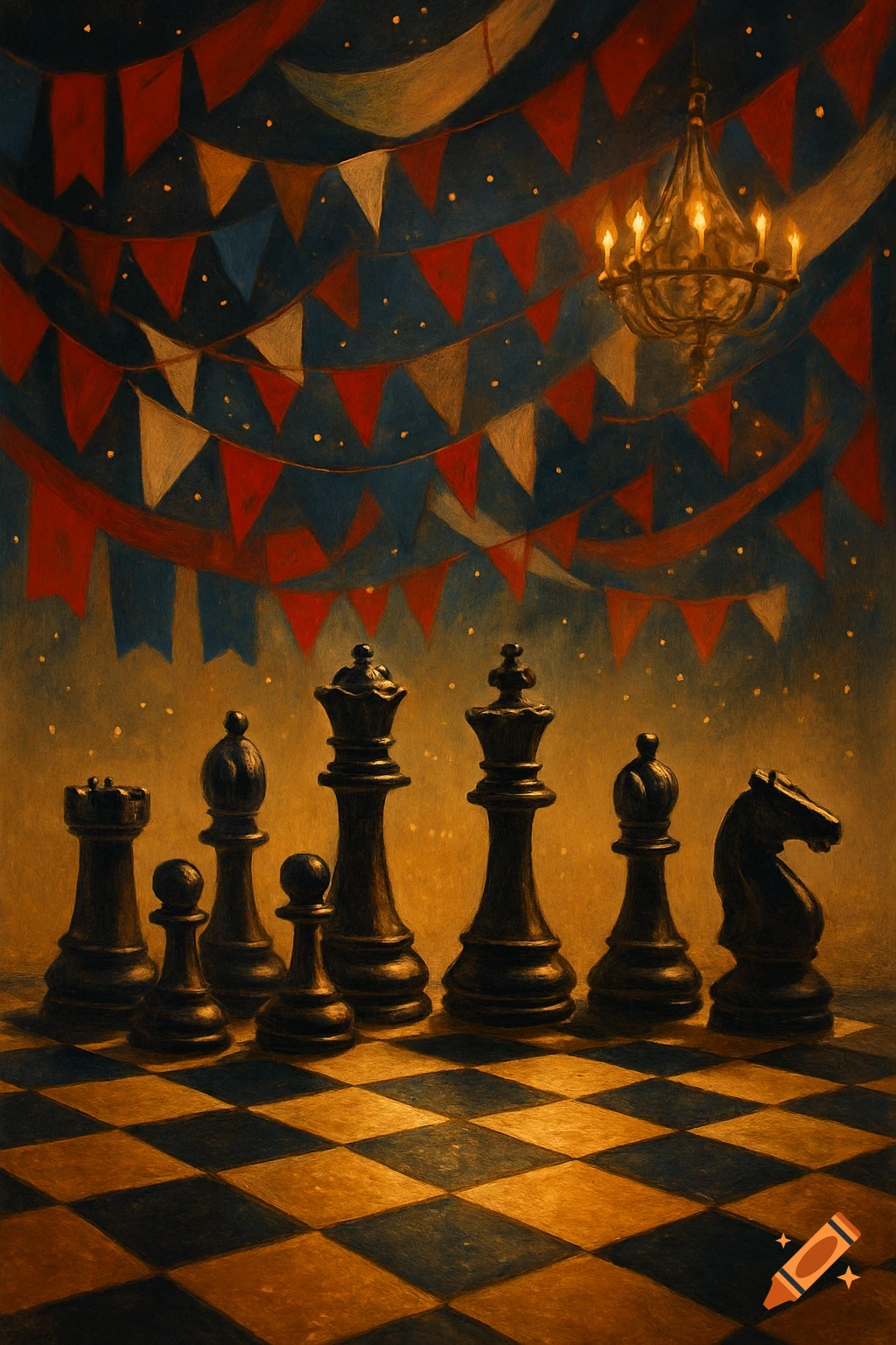 Dark chess pieces on a gold and dark blue board under festive red, gold, and blue banners and a glowing chandelier, painterly style.