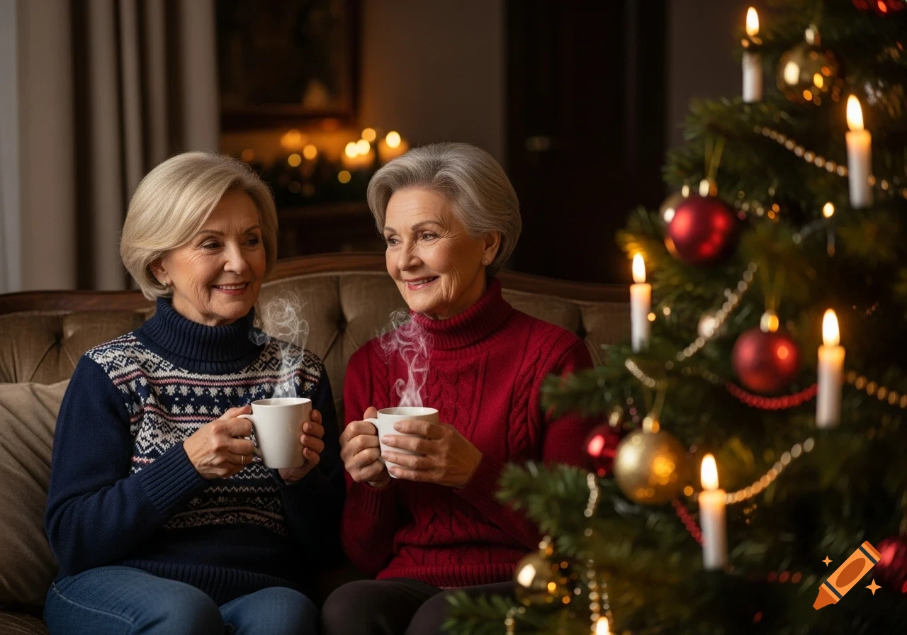 Two smiling elderly women on a sofa, holding steaming cups, looking at a Christmas tree with lit candles.