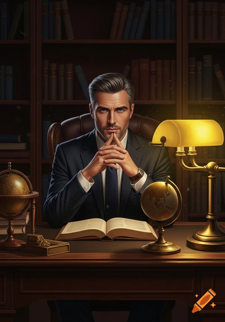 A serious man in a suit sits at a library desk with an open book, globes, and a lamp, in a photorealistic style.