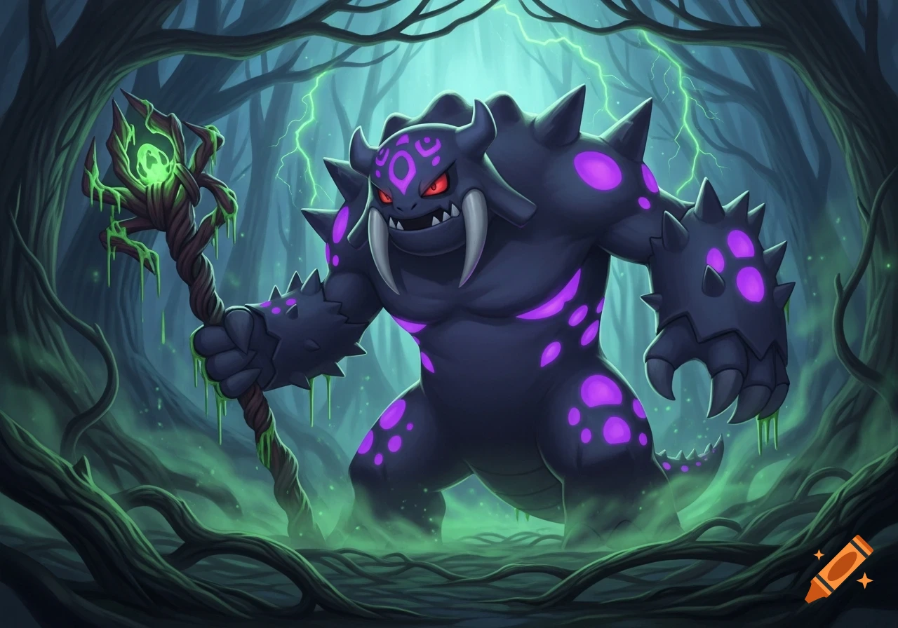A dark, spiky, ogre-like monster with glowing purple spots and red eyes, holding a glowing green staff in a dark, misty forest.