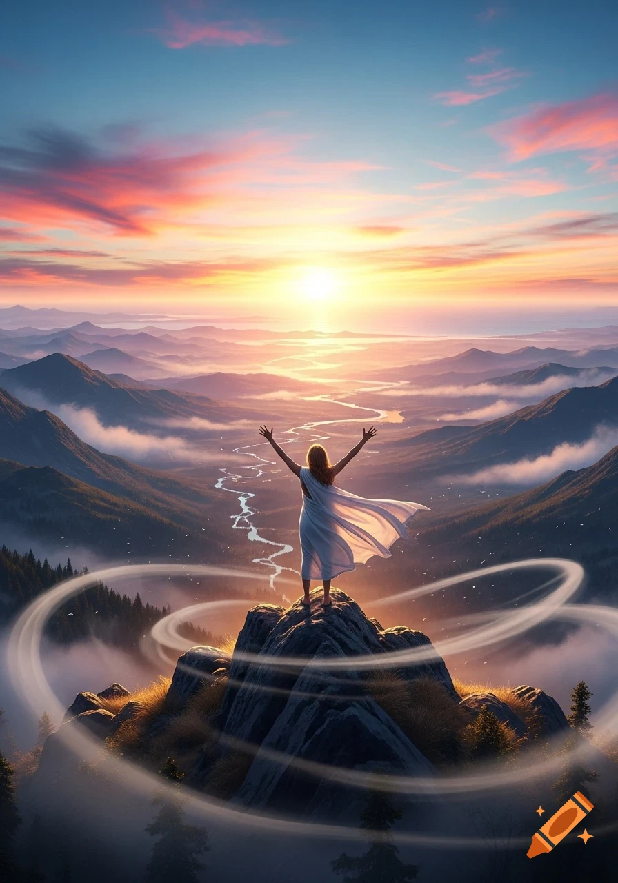 A person with outstretched arms stands on a mountain peak, overlooking a majestic sunrise illuminating a vast valley with a winding river and swirling light.
