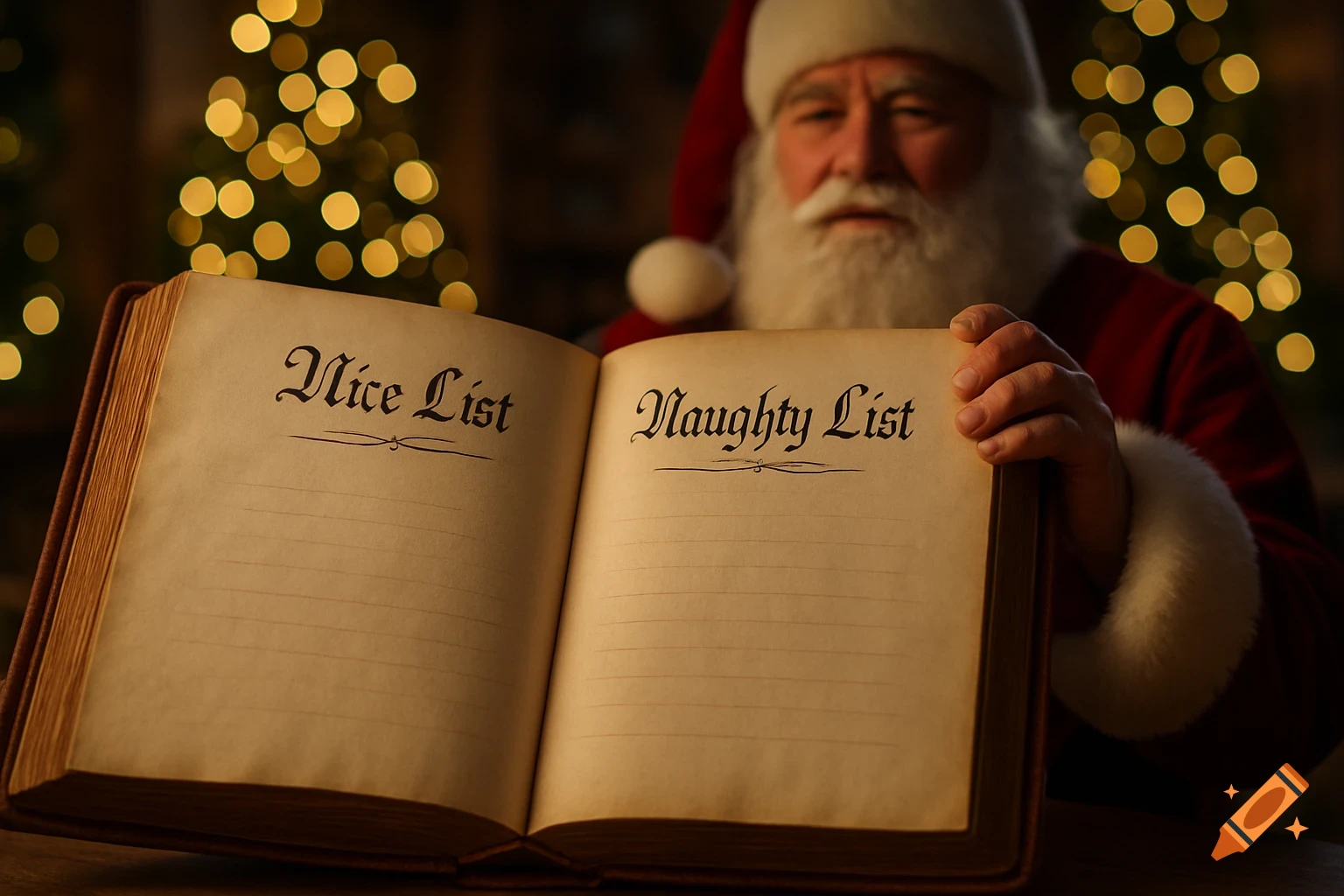 Photorealistic image of Santa Claus holding open a large book showing 'Nice List' and 'Naughty List' pages, with blurred Christmas lights.