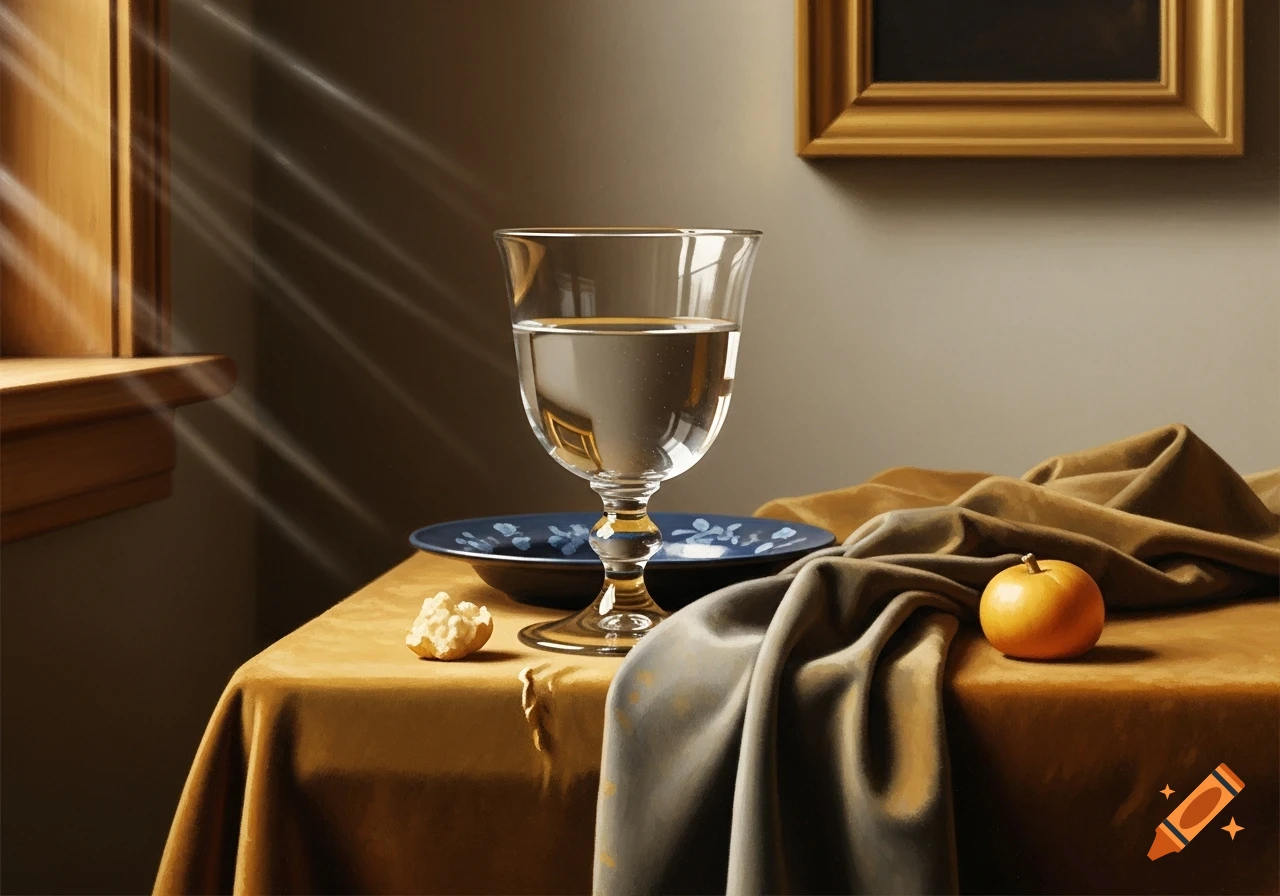 Photorealistic still life painting of a glass of water, an apple, and draped fabric on a table, illuminated by light rays.