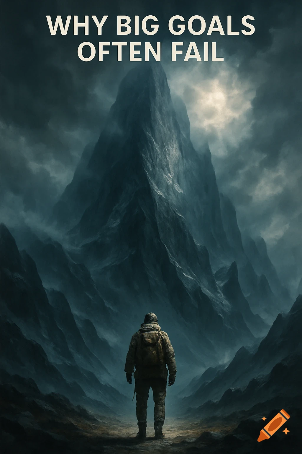 A lone figure looks up at a massive, dark mountain range under a cloudy sky. Text: WHY BIG GOALS OFTEN FAIL.