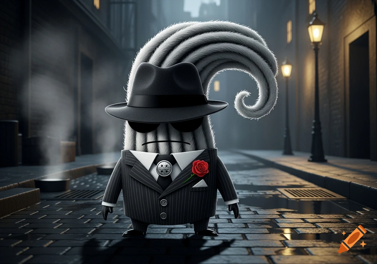 A furry, gangster-like character in a pinstripe suit, fedora, and sunglasses stands in a dimly lit alley.