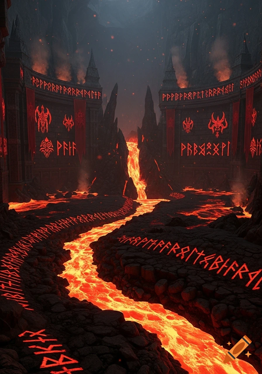 A dark, realistic fantasy landscape with a river of glowing molten lava flowing through rocky terrain, flanked by ancient fortresses adorned with red banners and glowing runes.