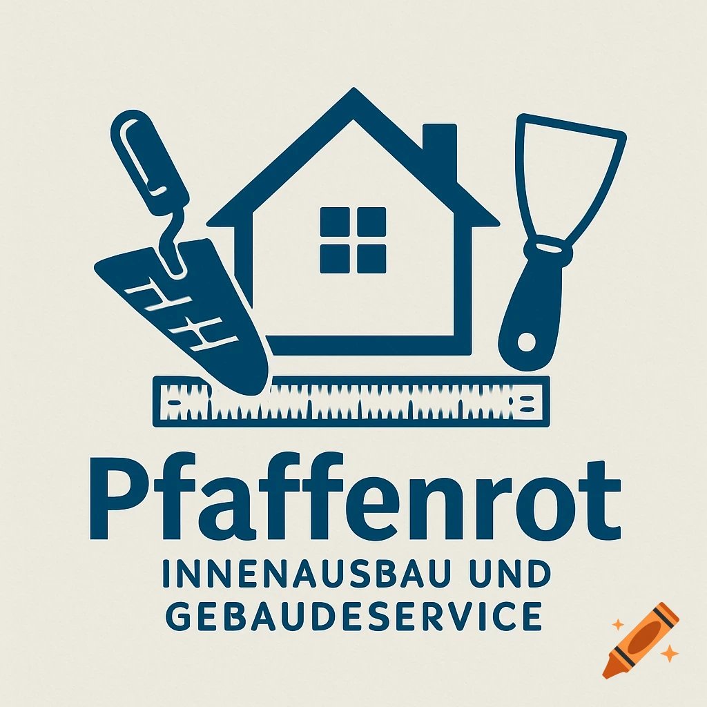 Blue and white logo with a house, trowel, spatula, ruler, and the text 'Pfaffenrot Innenausbau und Gebäudeservice'.