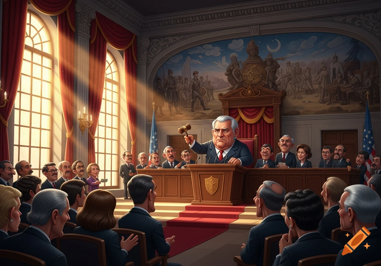 A cartoon-style image of a stern, gray-haired man in a suit holding a gavel at a podium in a legislative chamber.