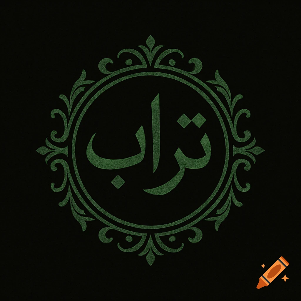 A dark swamp green Arabic calligraphy logo for 'Turab' inside a decorative circular frame on a black background.