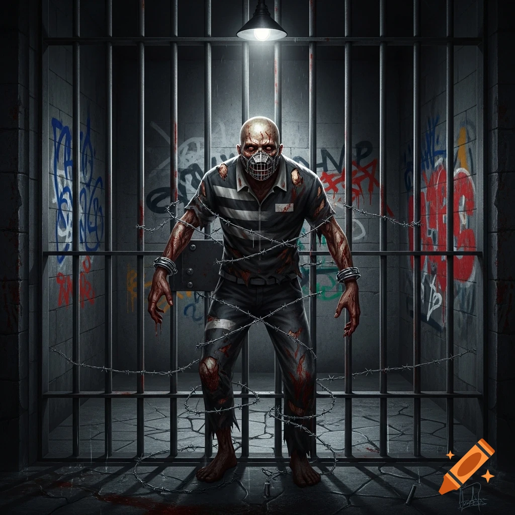 Gritty horror art of a zombie prisoner with blood and barbed wire, wearing a muzzle mask in a graffiti-covered prison cell.