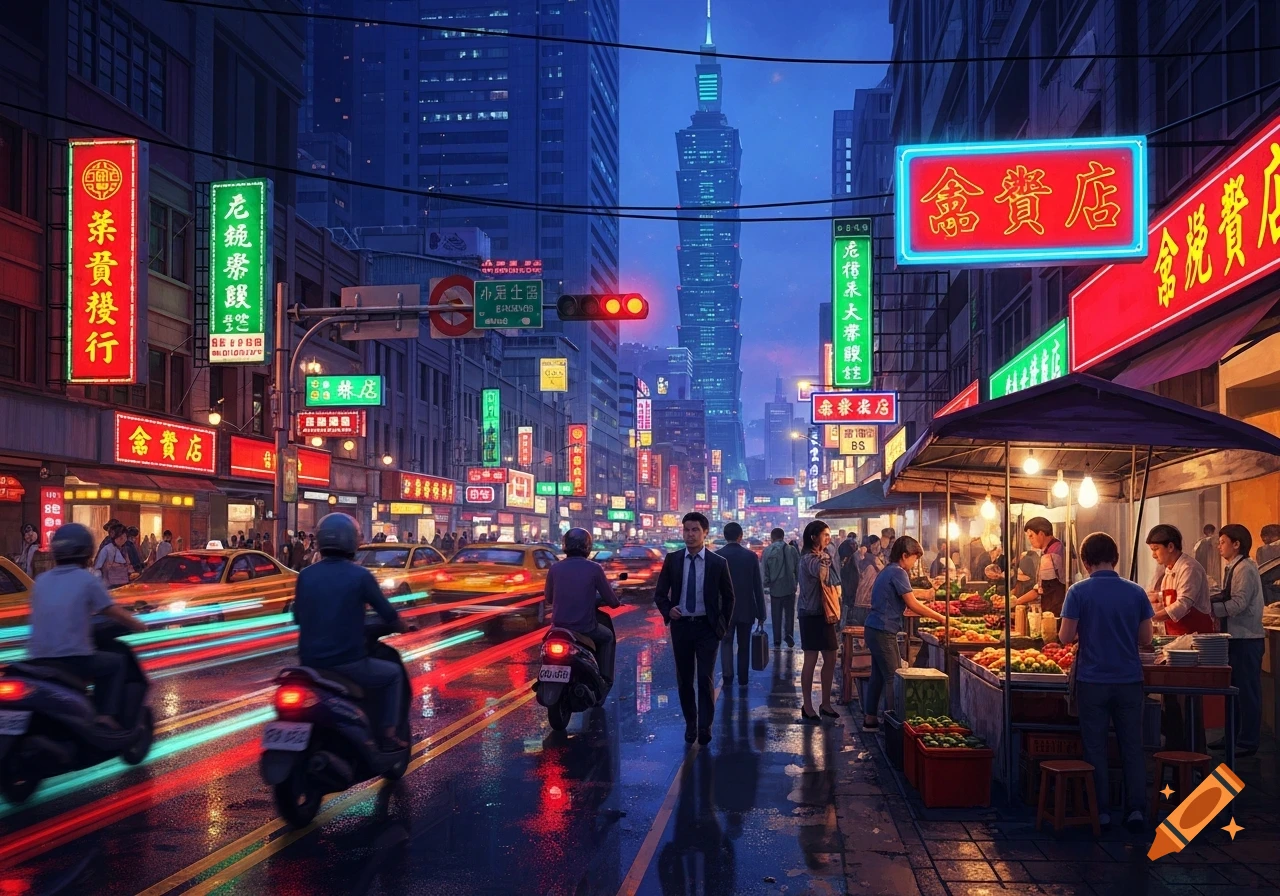 A vibrant night street scene in an Asian city, with neon signs, busy traffic with light trails, pedestrians, and a street food market. A tall skyscraper is visible in the background.
