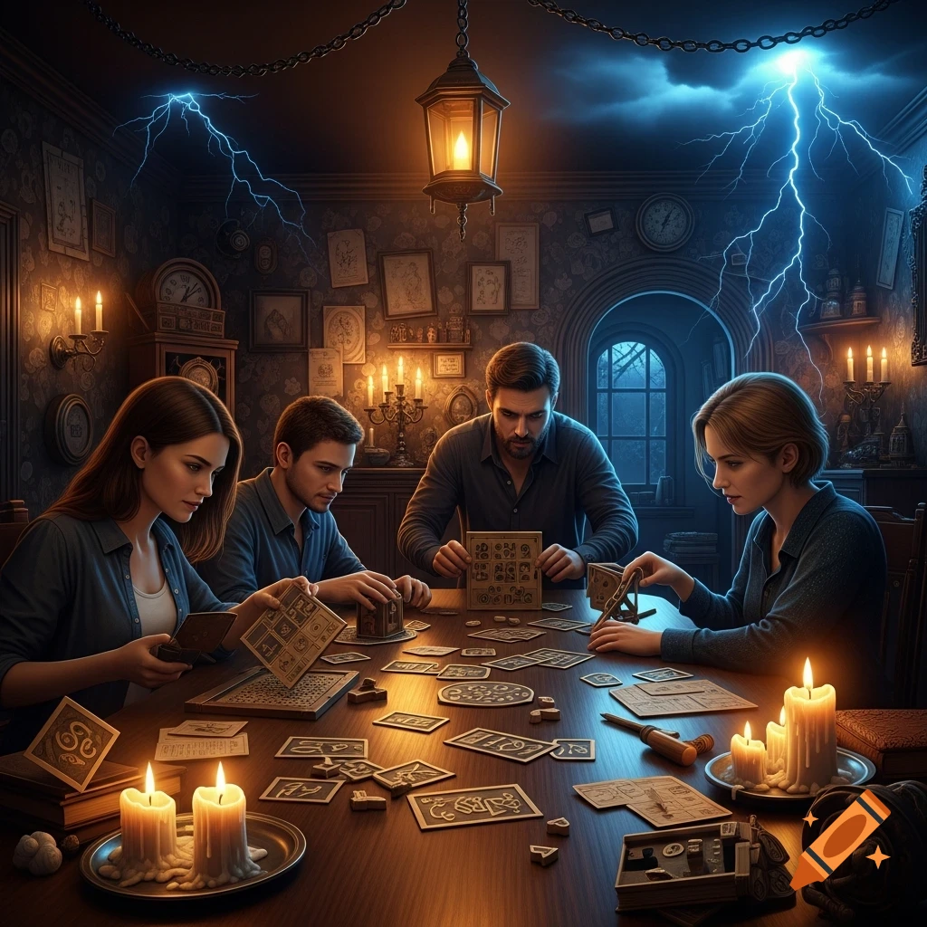 Four people play a mysterious board game by candlelight as lightning flashes outside a dark room filled with old artifacts.