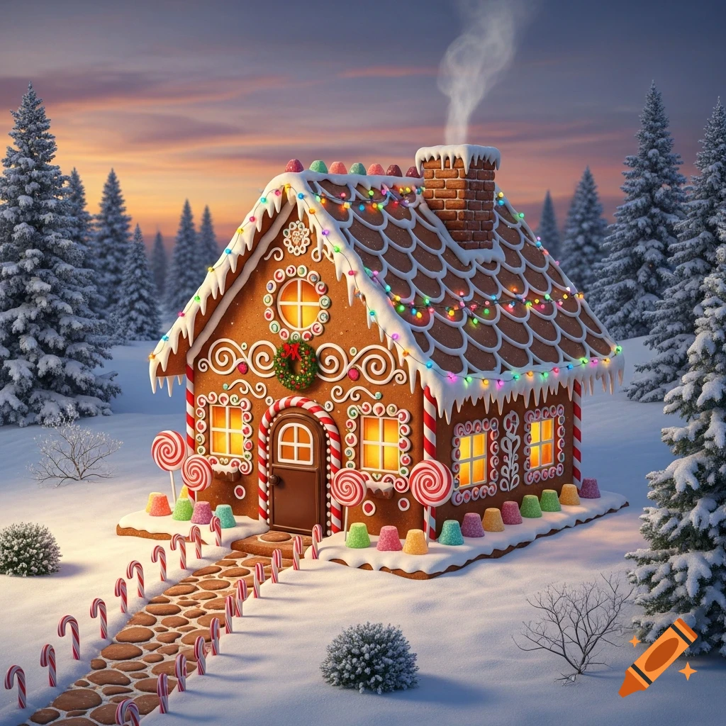 A realistic gingerbread house in a snowy forest at sunset, adorned with colorful candies, lights, and a candy cane path.