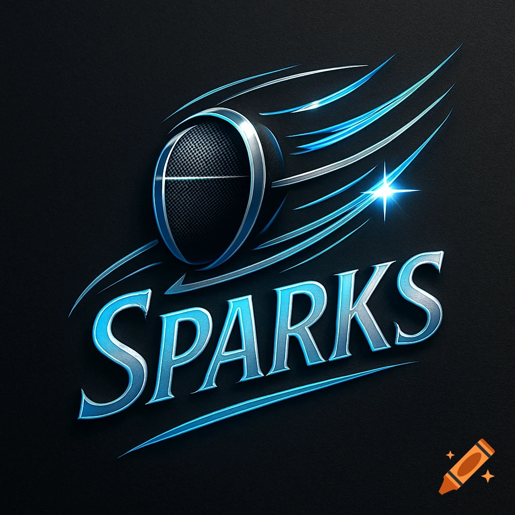 Sleek blue and silver logo with a fencing-mask-like oval, streaking lines, a star, and the embossed word 'SPARKS' on a dark background.