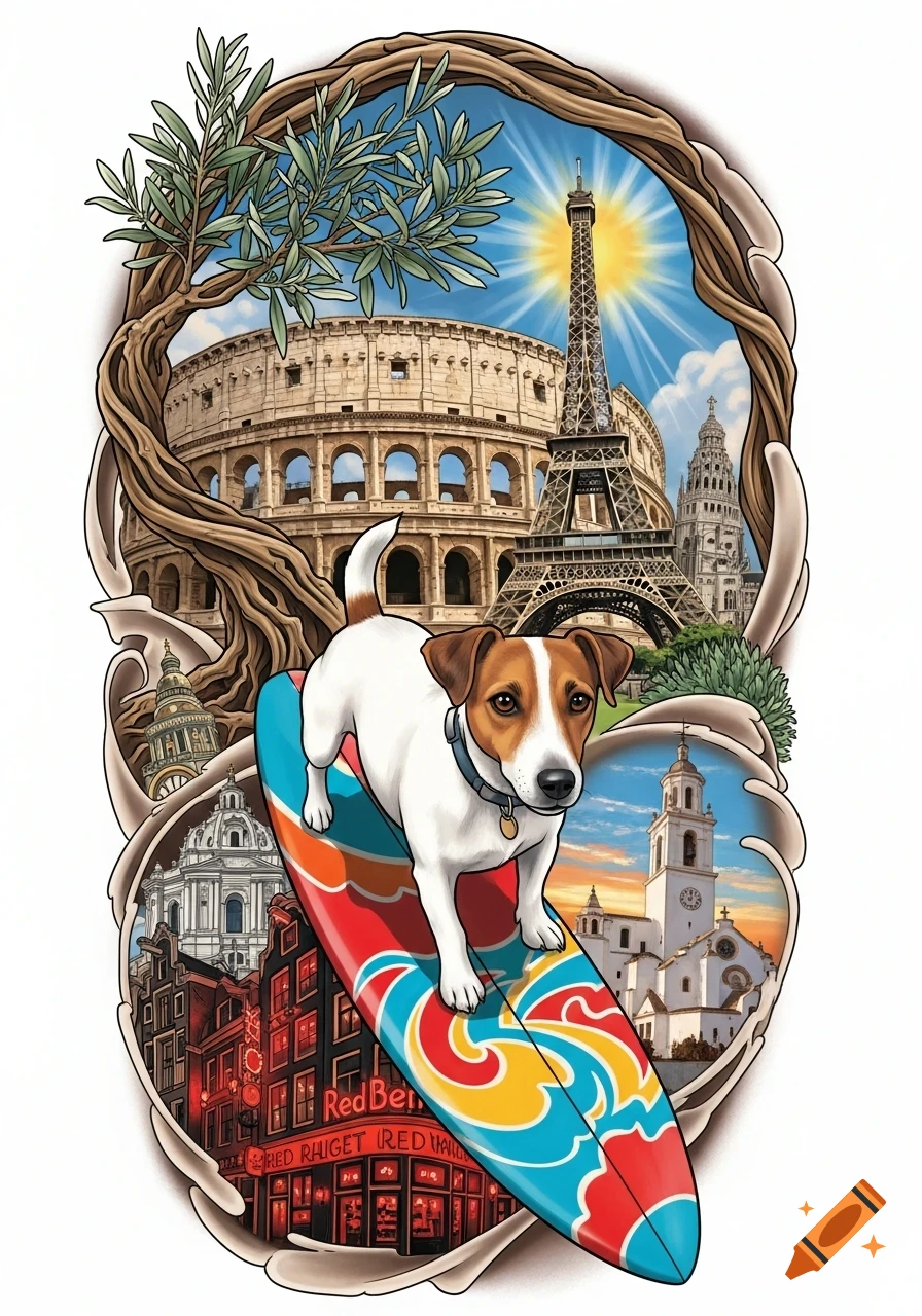 A cartoon Jack Russell dog surfing, surrounded by European landmarks like the Colosseum and Eiffel Tower, in a vibrant tattoo art style.