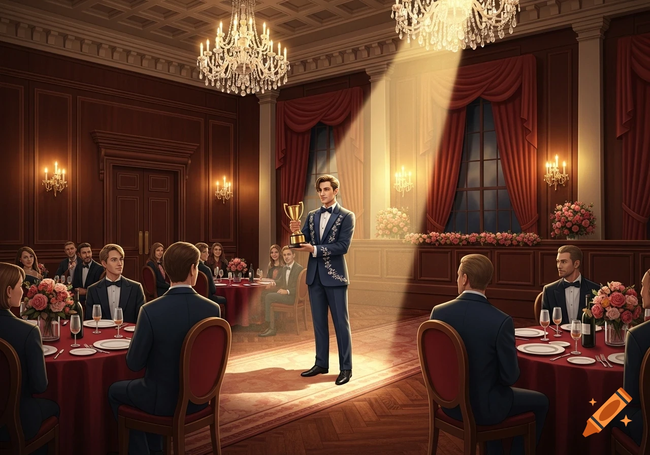 An illustrated scene of a man in a tuxedo standing in a spotlight, holding a golden trophy in a grand ballroom with seated guests.