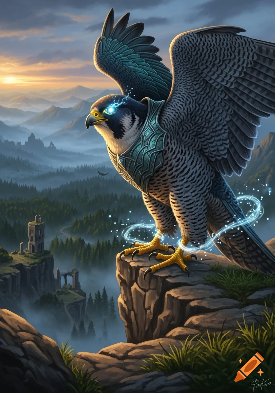 A majestic fantasy peregrine falcon in intricate armor with glowing ...