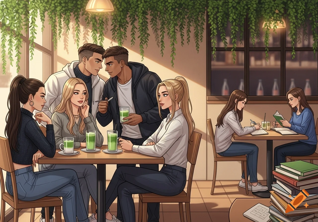 A diverse group of friends enjoying matcha lattes at a sunny cafe, while a lonely student studies nearby in a semi-realistic digital illustration.