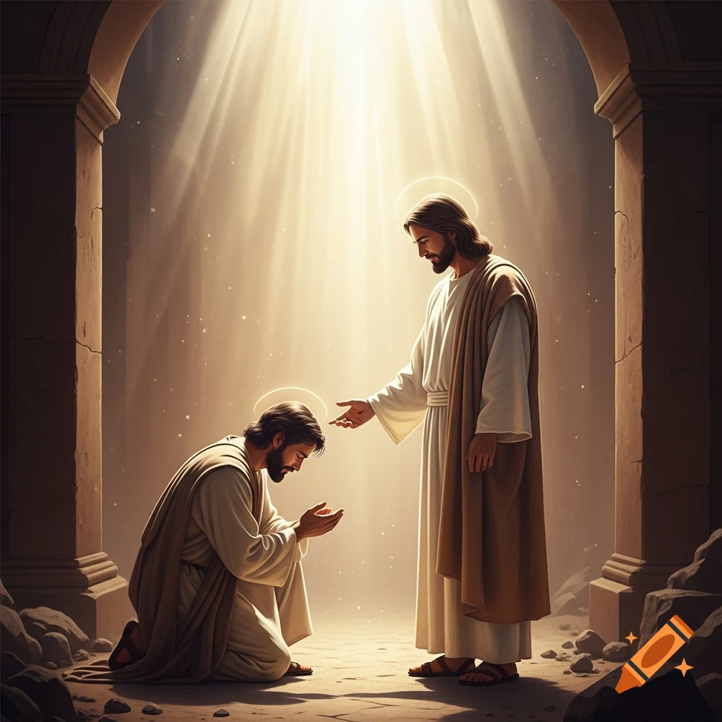 A man kneels before Jesus, who reaches out his hand, bathed in divine light under an archway, depicting a biblical scene.