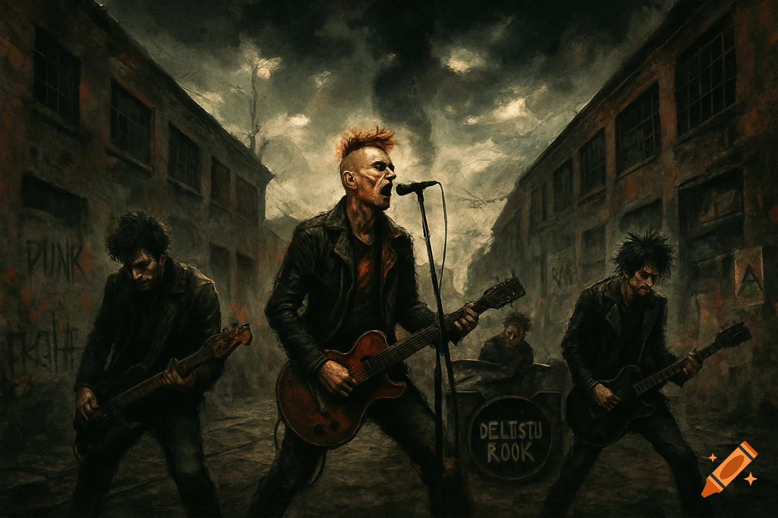 A punk rock band performs in a dark, gritty alley between old industrial buildings under a stormy sky, in a painterly style.