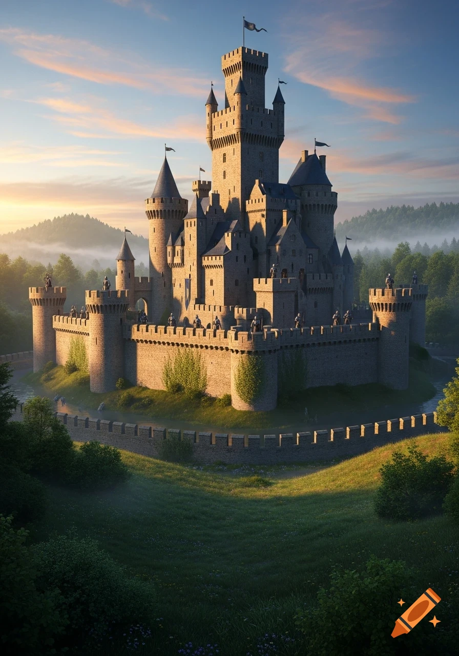 A majestic stone castle on a grassy hill with a surrounding moat and forested hills, bathed in the warm light of sunrise or sunset.