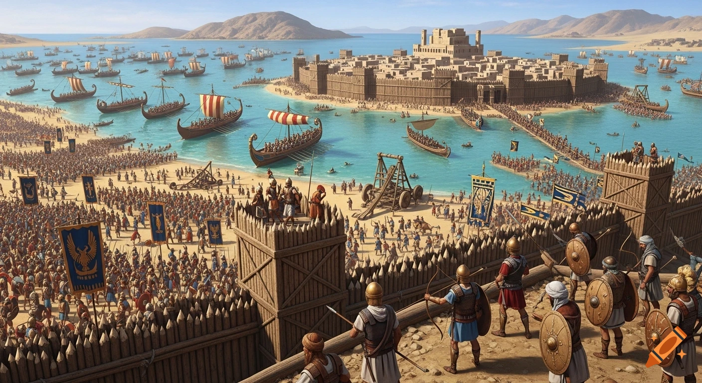 An epic ancient battle scene with a massive army besieging a fortified city on an island, attacked by a large fleet of warships in turquoise waters.