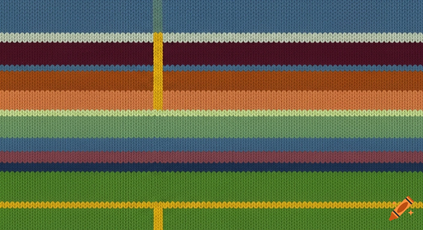 A knitted wool textile with numerous horizontal stripes in muted earthy tones, featuring thin mustard yellow accent lines.