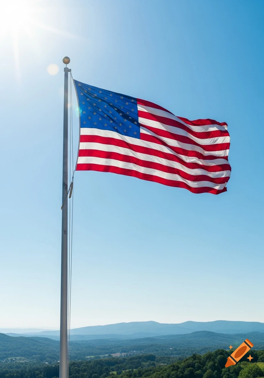 Photorealistic image of an American flag waving on a flagpole against a clear blue sky, with distant green mountains.