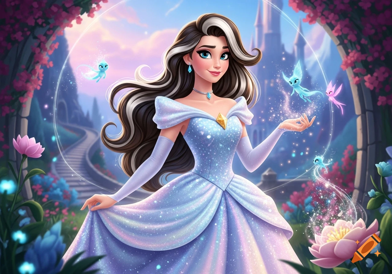 A cartoon princess with brown and white streaked hair in a shimmering blue gown, summoning glowing sprites in a magical garden with a castle.