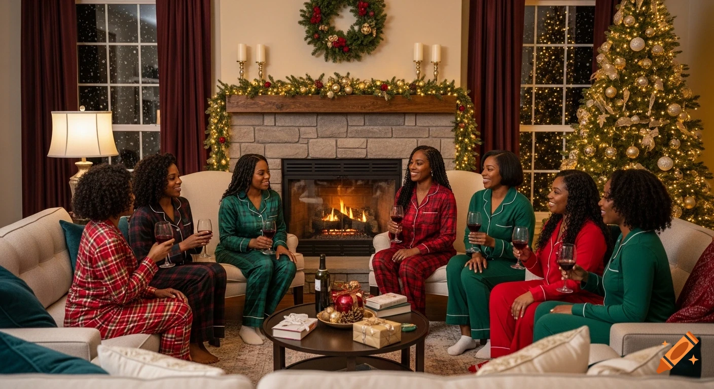 Six African American women in various plaid and solid colored pajamas are gathered in a festive Christmas living room, laughing and drinking wine.