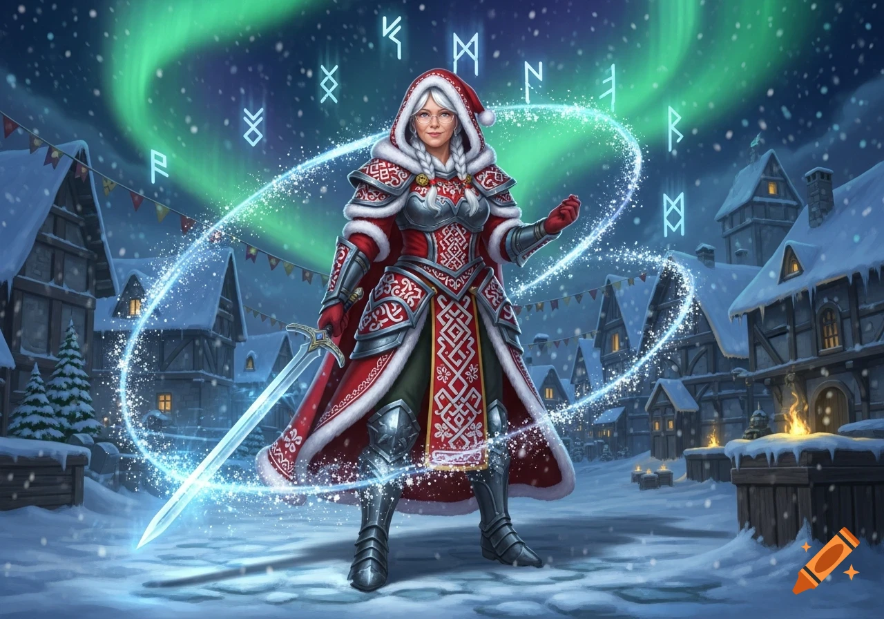 Mrs. Claus, clad in red and white armor, wields a glowing sword in a magical snowy village scene with aurora borealis and floating runes.