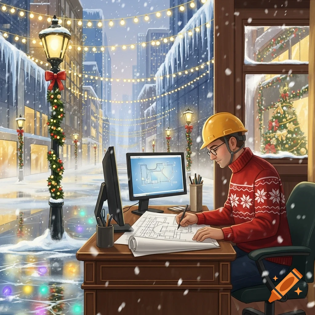 A man in a hard hat and Christmas sweater draws blueprints at a desk, looking out at a snowy, festive city street with Christmas lights.