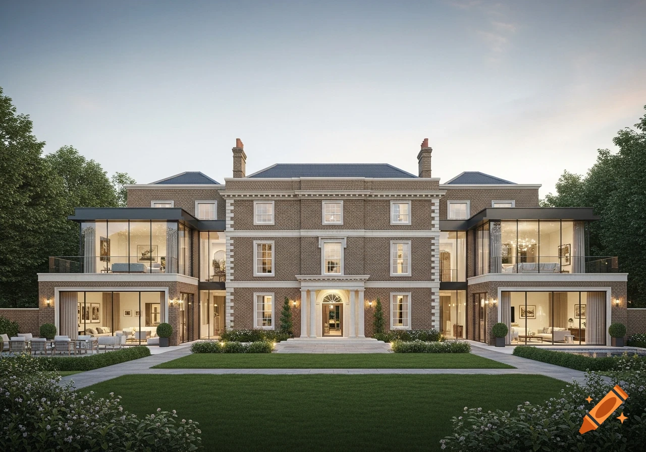 Large Georgian style house with modern glass extensions, a sprawling green lawn, and illuminated interiors at dusk.