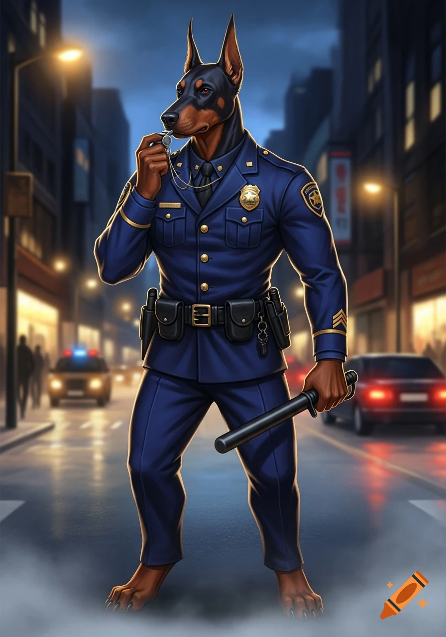 An anthropomorphic Doberman dog dressed in a blue police uniform, holding a whistle and a baton, stands on a city street at night.