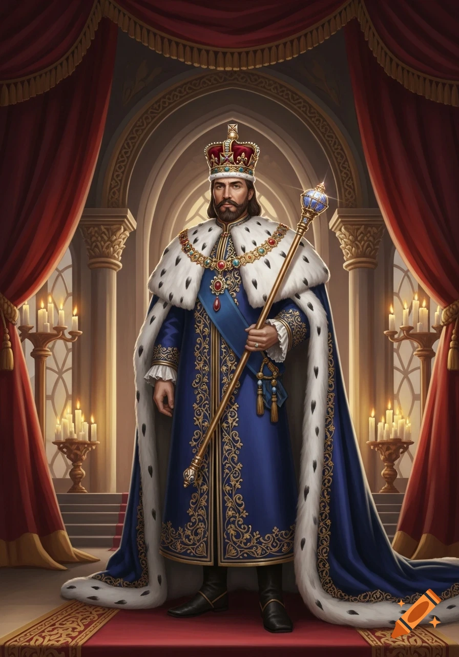 Painting of a majestic king in blue royal robes, a fur cape, and crown, holding a scepter in a grand hall.