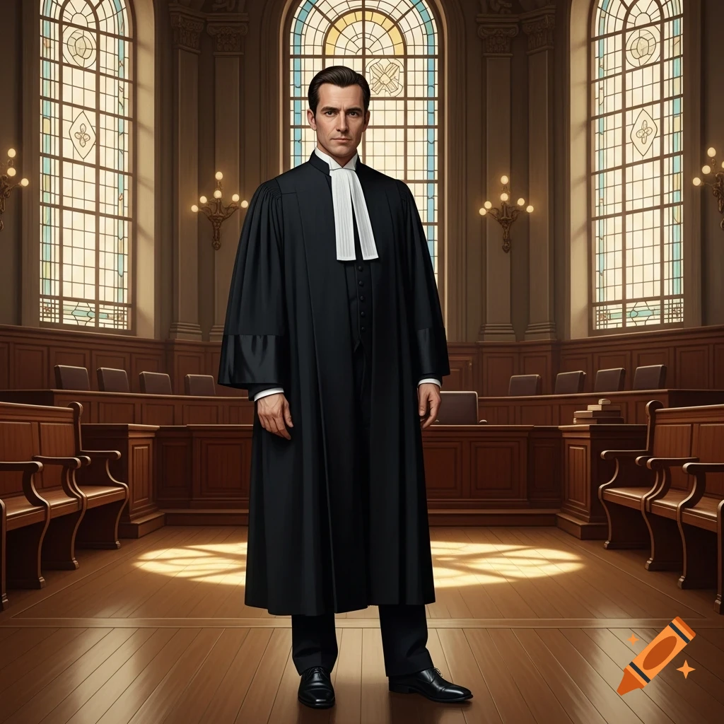 A man in a black legal robe with a white collar stands formally in the center of a grand courtroom with high arched windows.