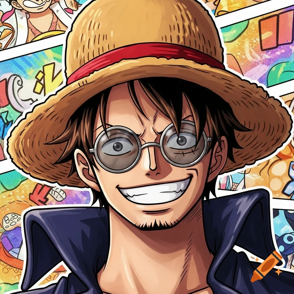 Anime-style portrait of a smiling man with a straw hat and opaque round glasses against a colorful comic book background.