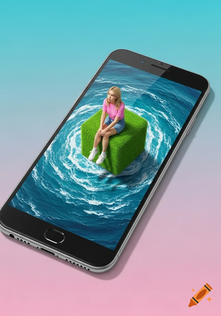 A blonde woman sits on a grassy cube surrounded by swirling ocean water inside a large smartphone screen, against a gradient background.