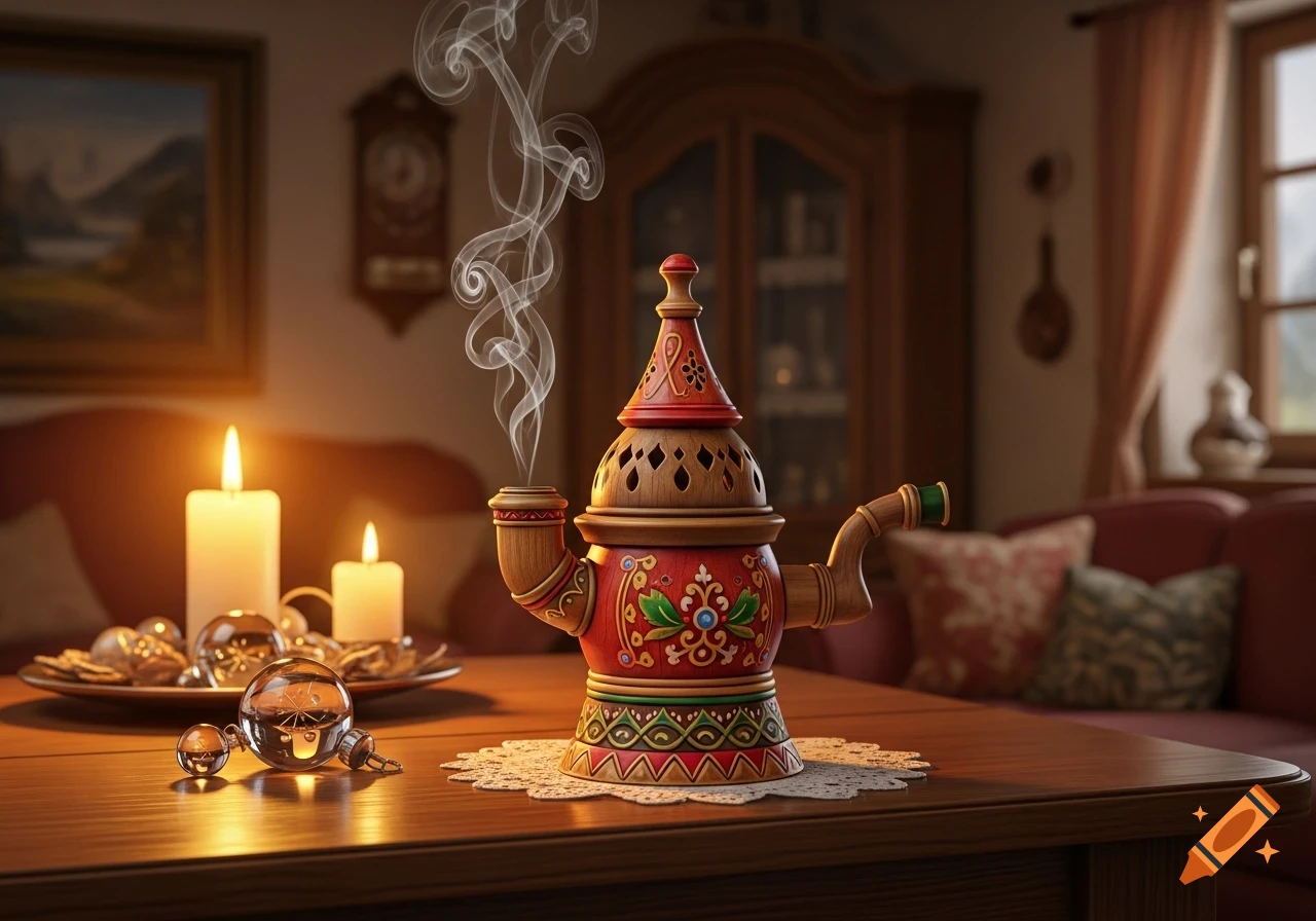 A decorative red and wood incense burner smokes on a table with lit candles and glass ornaments in a cozy living room.