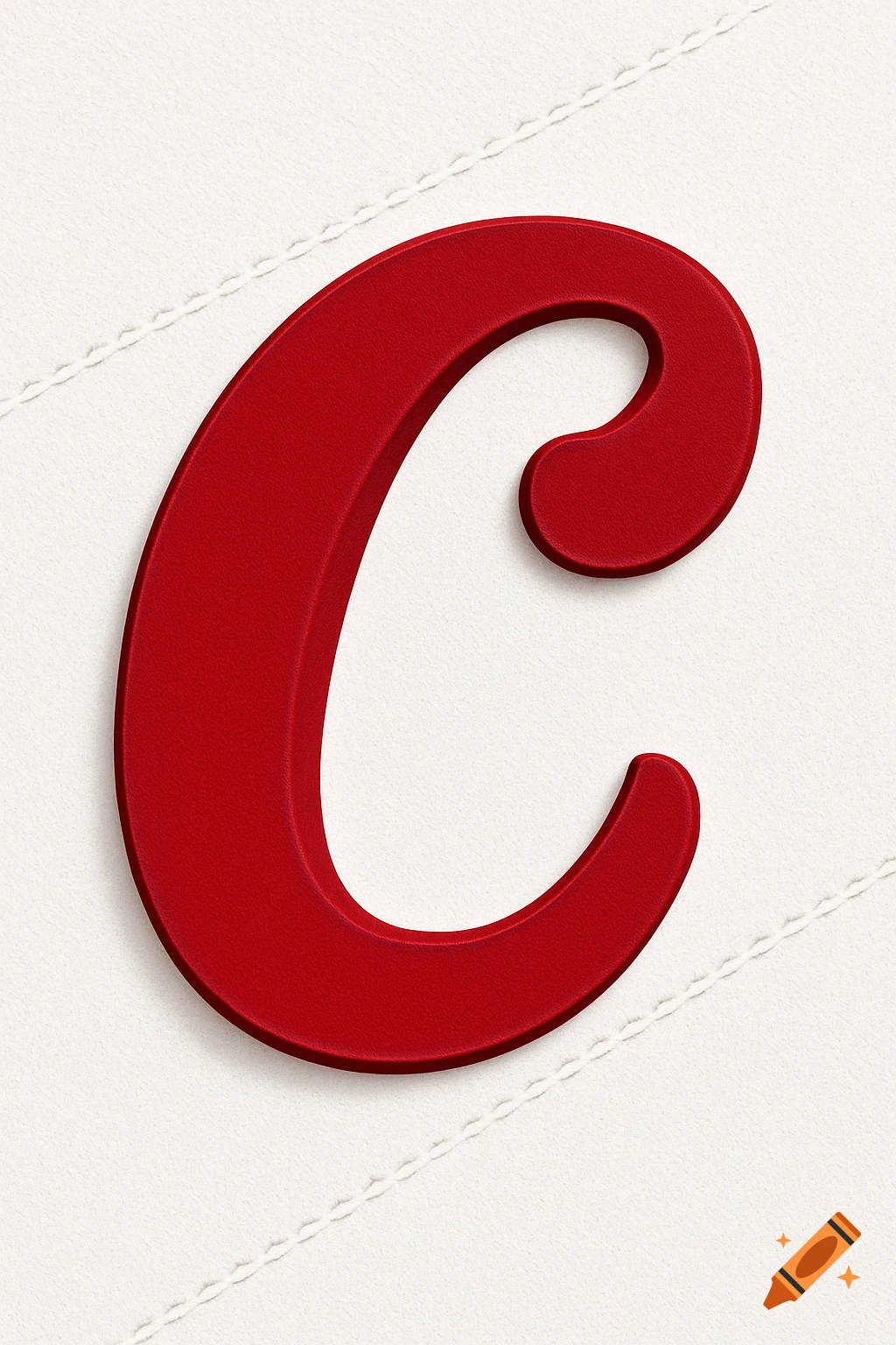 A bold, three-dimensional red letter C with a textured finish, casting a shadow on a textured white background with subtle stitching.