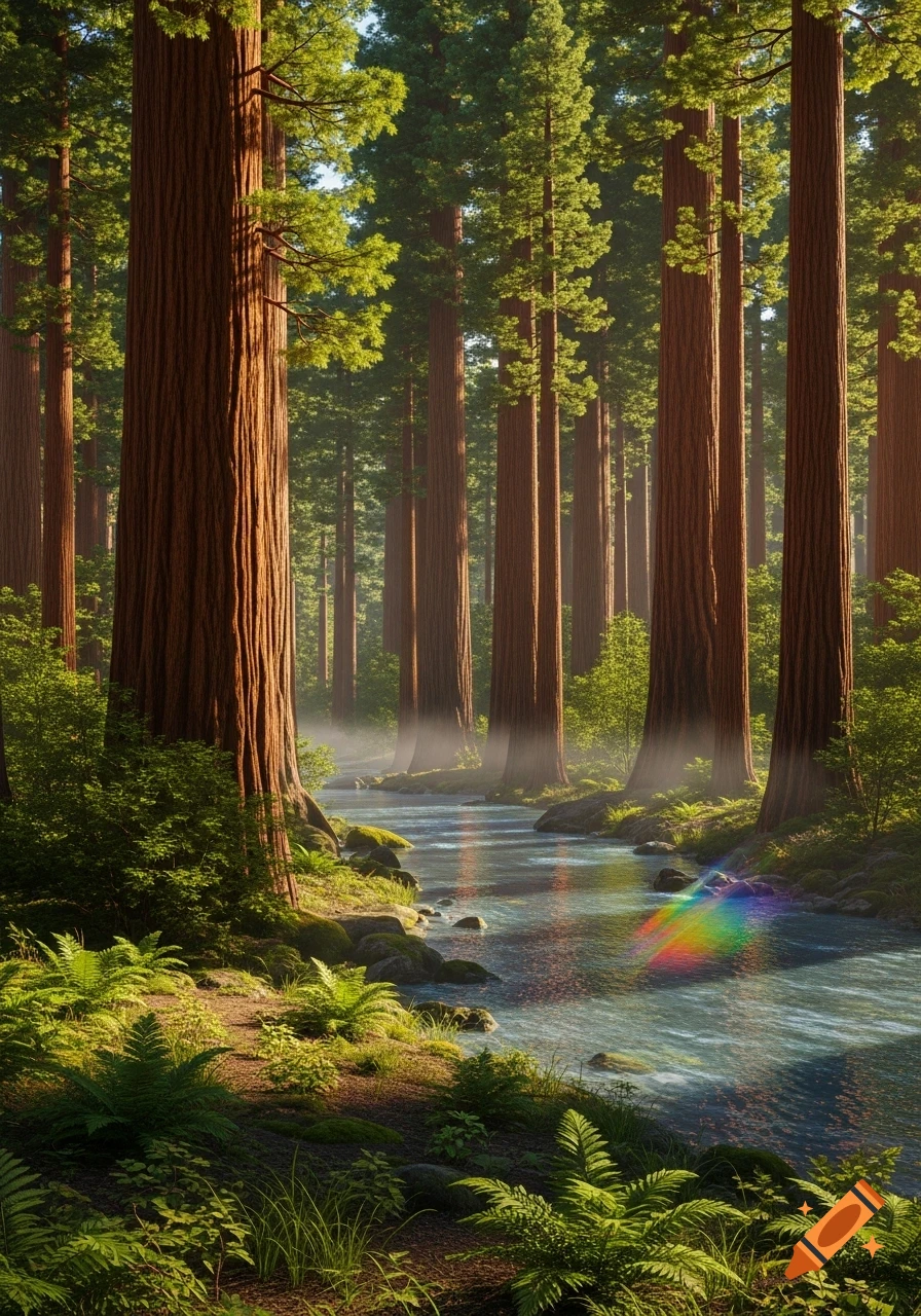 A sunlit redwood forest with a clear river flowing through, featuring tall trees, green ferns, and mossy rocks in a photorealistic style.