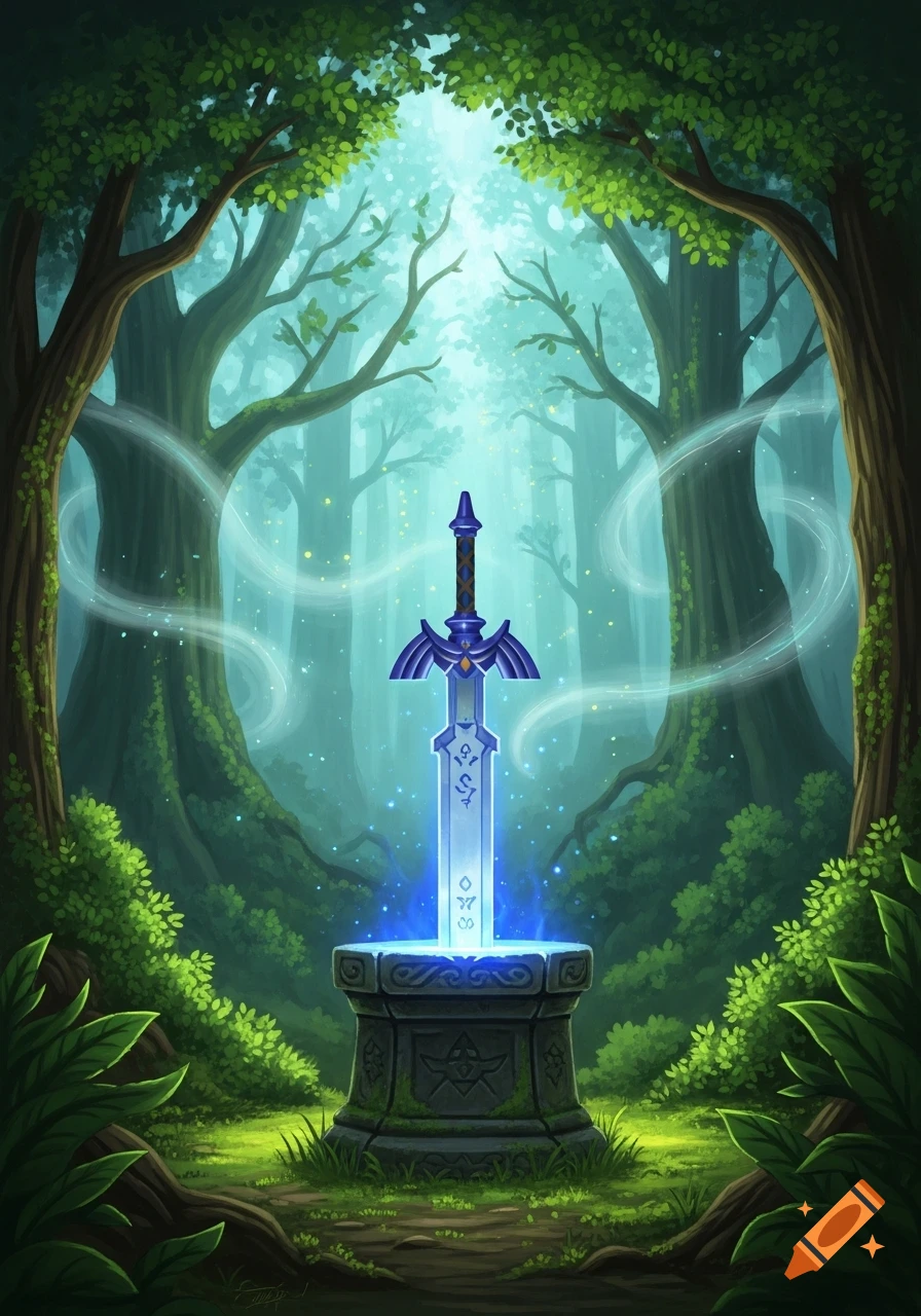 A glowing blue Master Sword stands upright in a stone pedestal in a ...