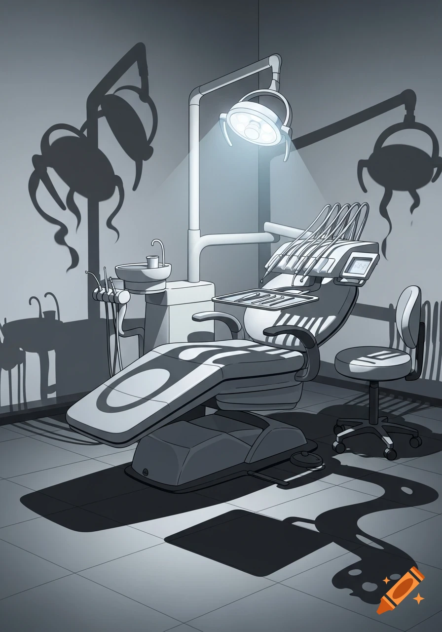 A gray-toned cartoon illustration of an empty dentist's chair under a bright light, with spooky, monster-like shadows on the walls.