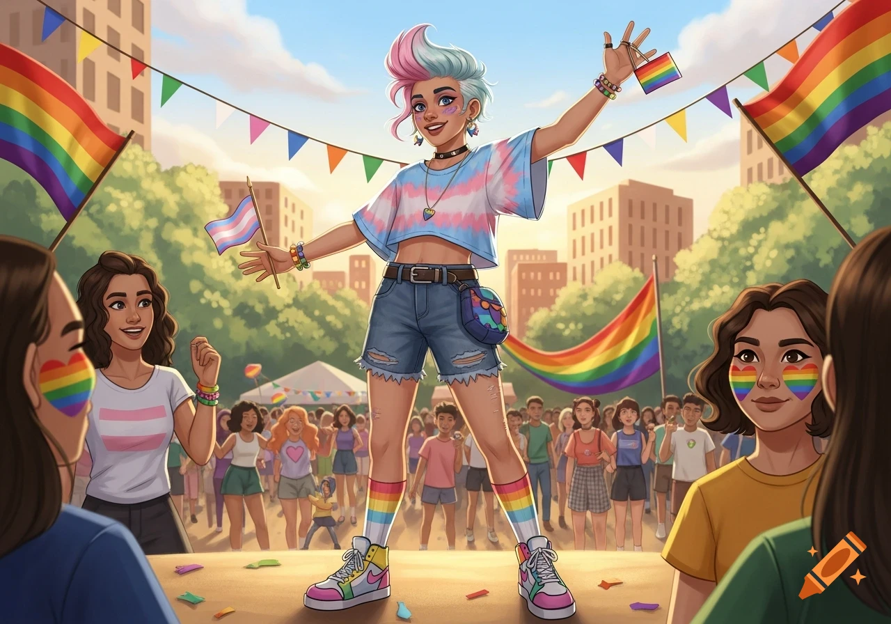 An illustrated scene of a vibrant outdoor Pride parade, featuring a person with colorful hair and rainbow socks posing on a stage, holding a tiny rainbow flag and a tiny transgender flag. Many diverse people celebrate in the background with rainbow flags and bunting.