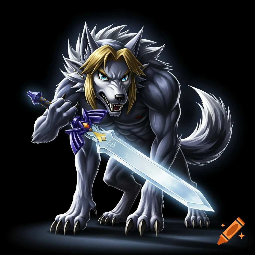 A stylized illustration of a gray werewolf-like creature with blonde hair, reminiscent of Wolf Link, holding a glowing Master Sword against a dark background.