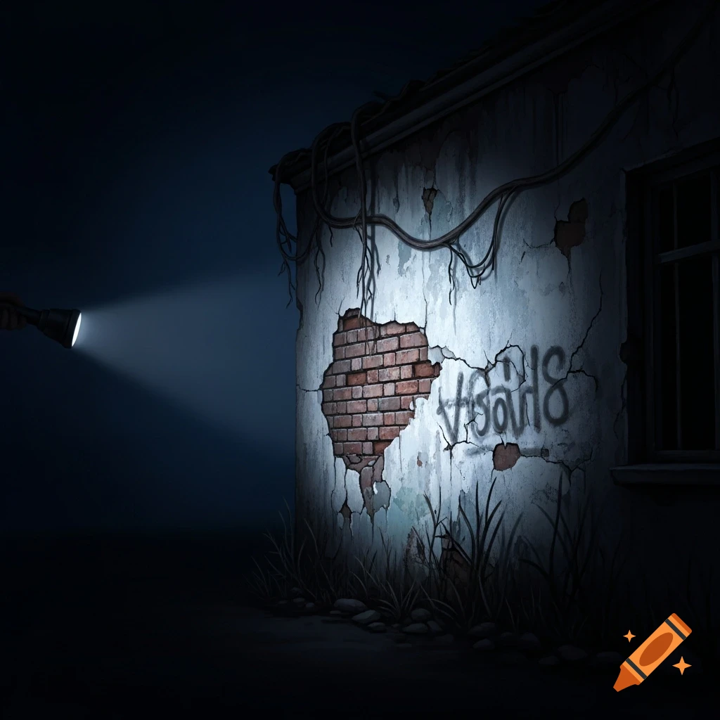 A hand holds a flashlight, illuminating a section of a dilapidated building wall with exposed bricks, cracks, and illegible graffiti at night.